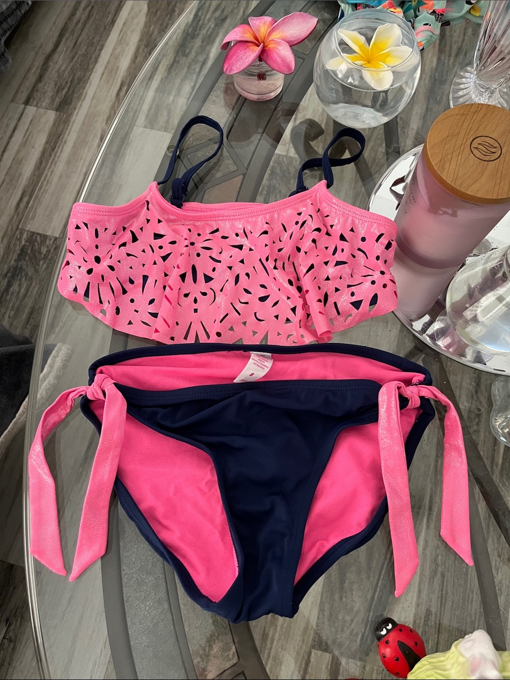 Justice Pink Laser-Cut Ruffle Bikini with Navy Bottoms